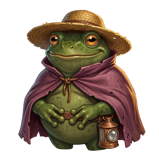 Nori, a small round frog in a straw boatman’s hat with a copper lantern, at Lanternreed Landing