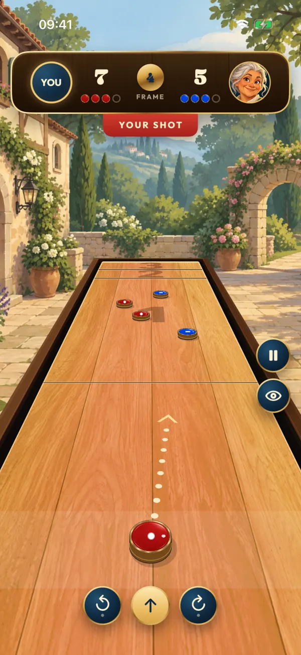 Aiming at Mara’s table in the Woodland Courtyard: a dotted guide runs up from the red puck towards four pucks on the board.