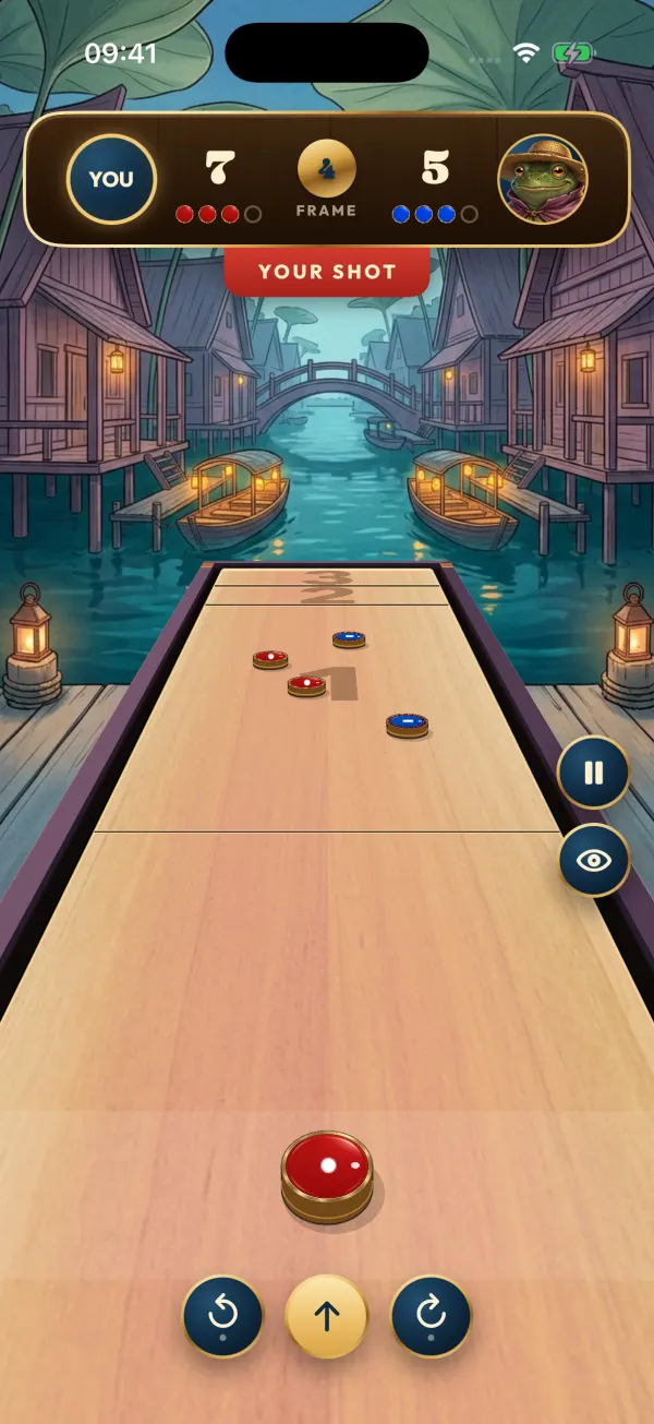 Nori’s table at Lanternreed Landing, with lantern-lit stilt houses along the canal and four pucks in play.